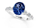 White gold Oval Cut Solitaire Blue Sapphire Ring with Pave Band and Four-Prong Setting_1