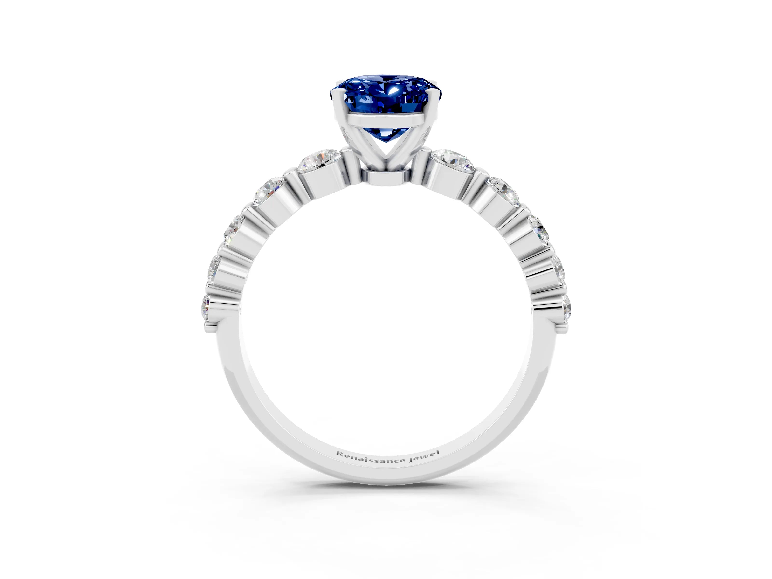 White gold Oval Cut Solitaire Blue Sapphire Ring with Pave Band and Four-Prong Setting_3