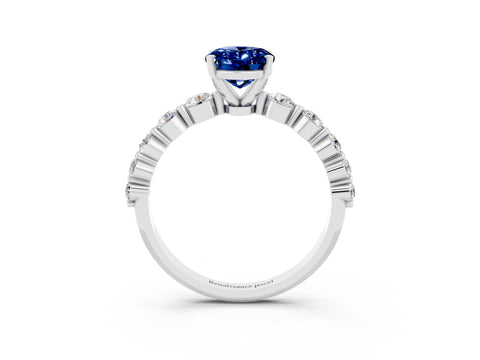 White gold Oval Cut Solitaire Blue Sapphire Ring with Pave Band and Four-Prong Setting_3