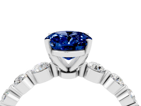 White gold Oval Cut Solitaire Blue Sapphire Ring with Pave Band and Four-Prong Setting_4