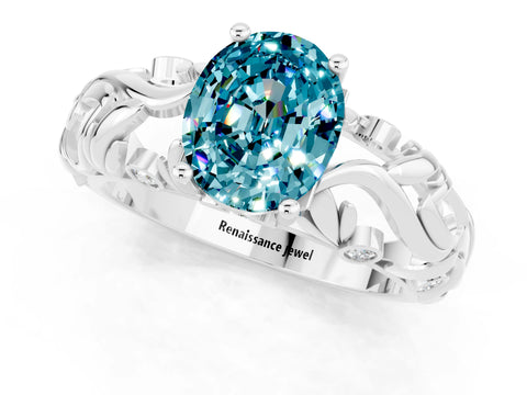 White gold Oval Cut Solitaire Blue Topaz Leaf-Inspired Vine Band Ring with Prong Setting_1