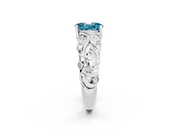 Silver Oval Cut Solitaire Blue Topaz Leaf-Inspired Vine Band Ring with Prong Setting