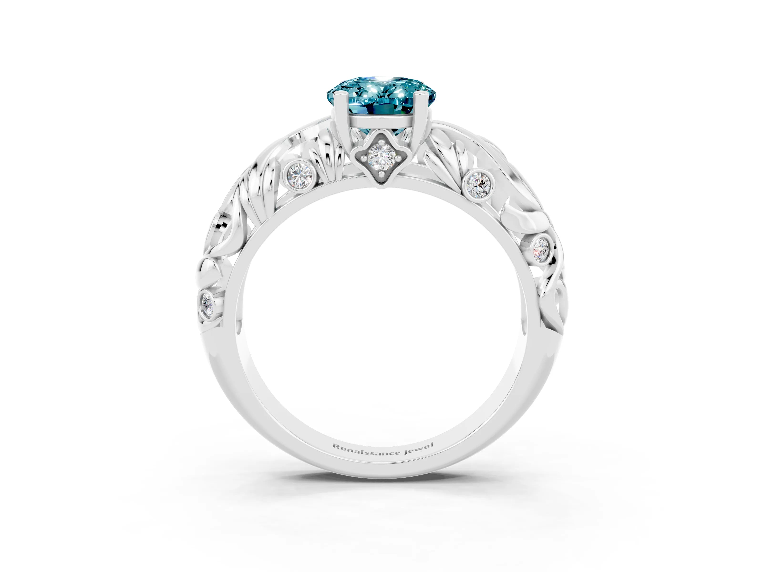 White gold Oval Cut Solitaire Blue Topaz Leaf-Inspired Vine Band Ring with Prong Setting_3