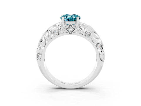 White gold Oval Cut Solitaire Blue Topaz Leaf-Inspired Vine Band Ring with Prong Setting_3