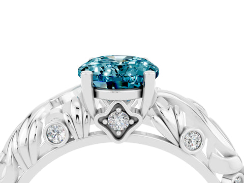 White gold Oval Cut Solitaire Blue Topaz Leaf-Inspired Vine Band Ring with Prong Setting_4