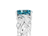 White gold Oval Cut Solitaire Blue Topaz Leaf-Inspired Vine Band Ring with Prong Setting_5