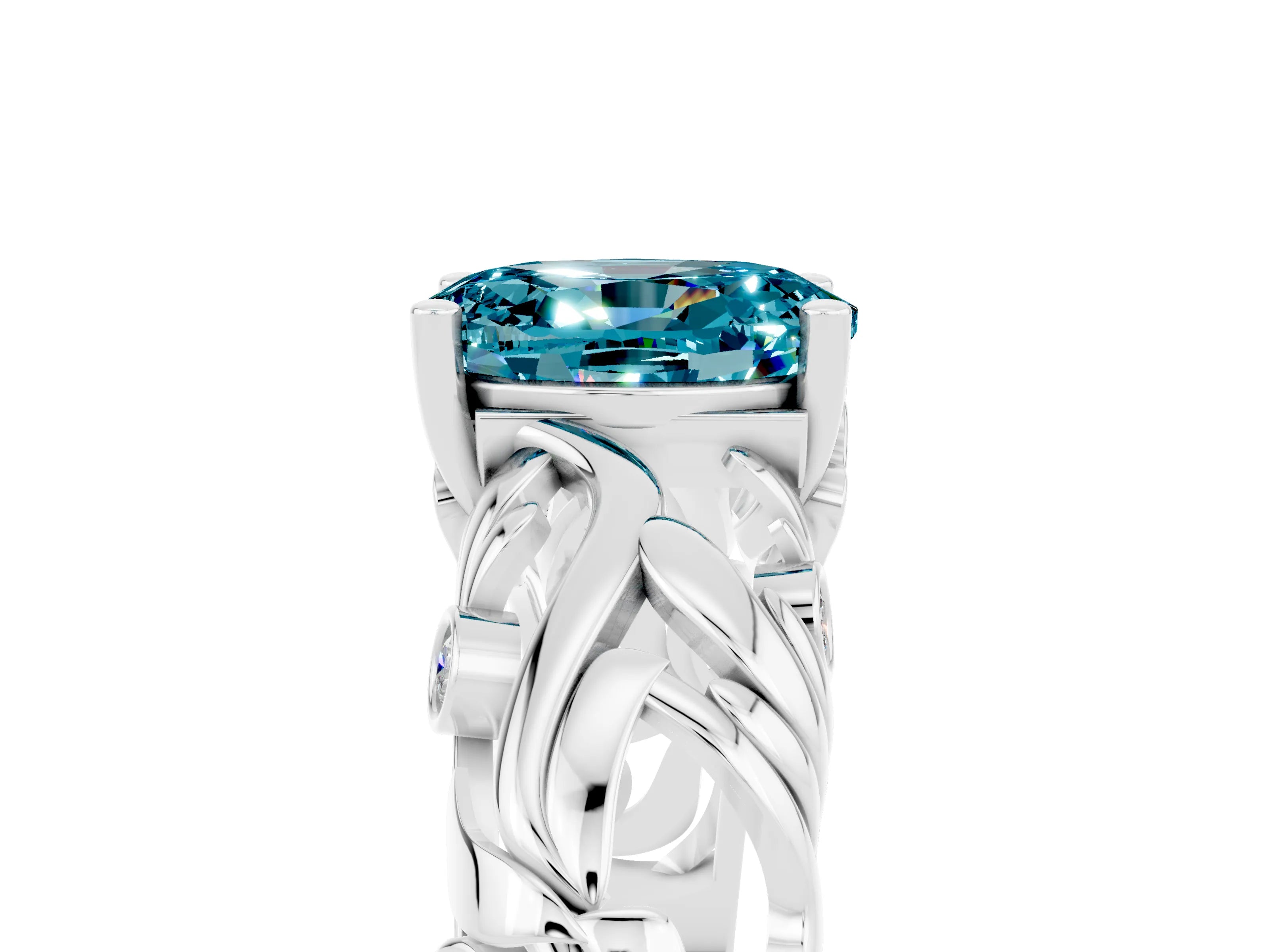 White gold Oval Cut Solitaire Blue Topaz Leaf-Inspired Vine Band Ring with Prong Setting_5