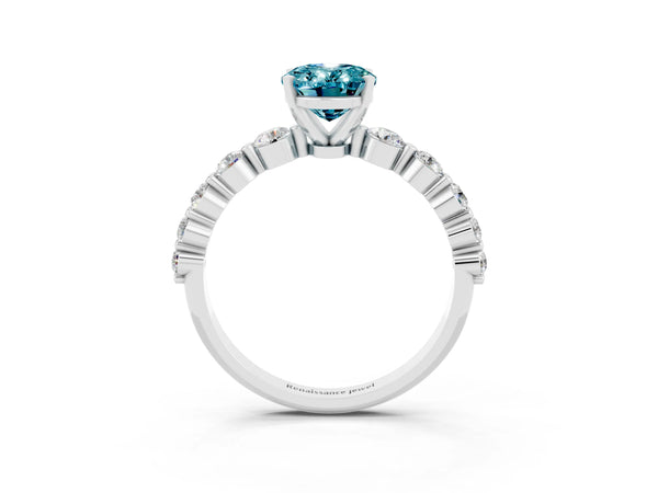 Platinum Oval Cut Solitaire Blue Topaz Ring with Pave Band and Four-Prong Setting