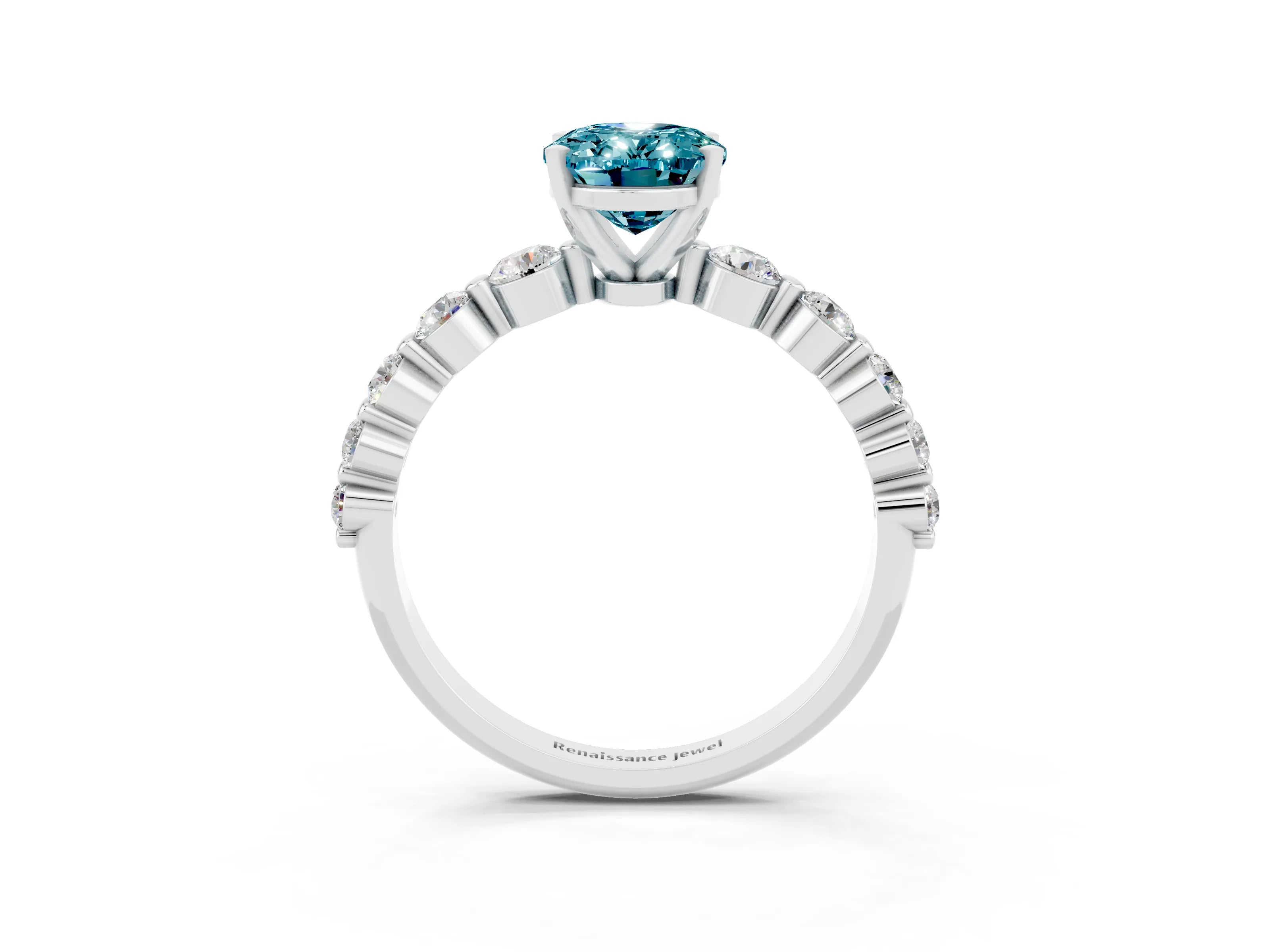 White gold Oval Cut Solitaire Blue Topaz Ring with Pave Band and Four-Prong Setting_3
