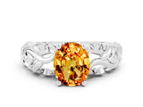 White gold Oval Cut Solitaire Citrine Leaf-Inspired Vine Band Ring with Prong Setting