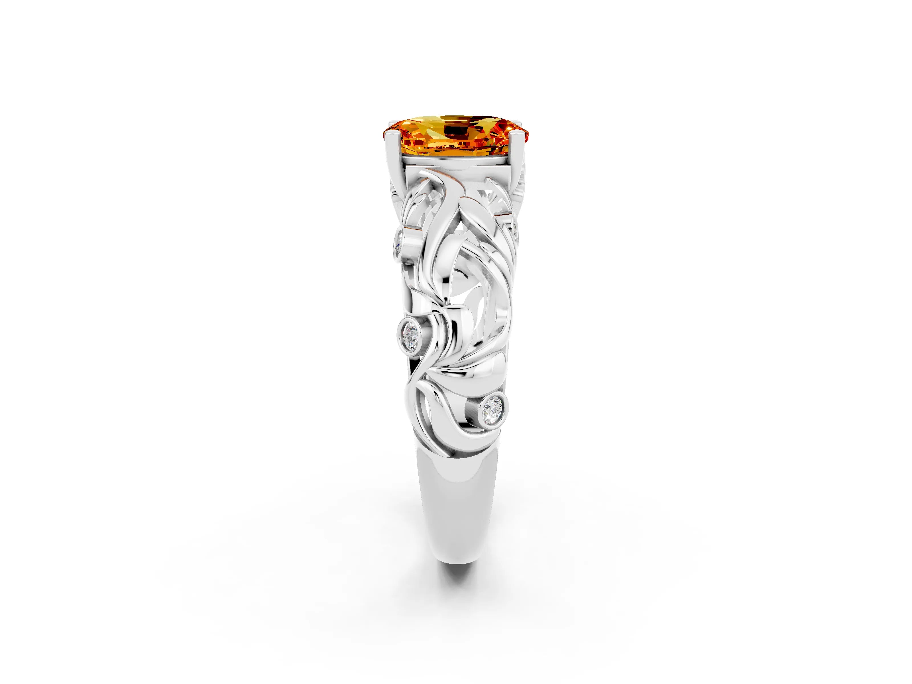 White gold Oval Cut Solitaire Citrine Leaf-Inspired Vine Band Ring with Prong Setting_2