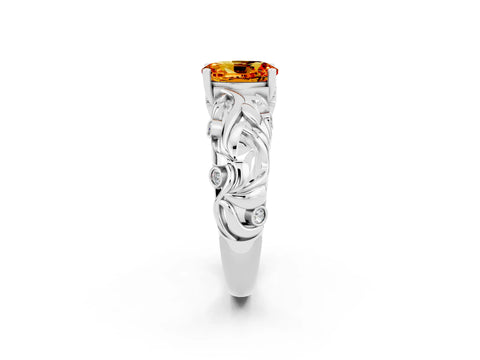 White gold Oval Cut Solitaire Citrine Leaf-Inspired Vine Band Ring with Prong Setting_2
