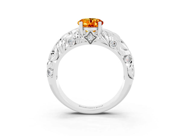 Platinum Oval Cut Solitaire Citrine Leaf-Inspired Vine Band Ring with Prong Setting