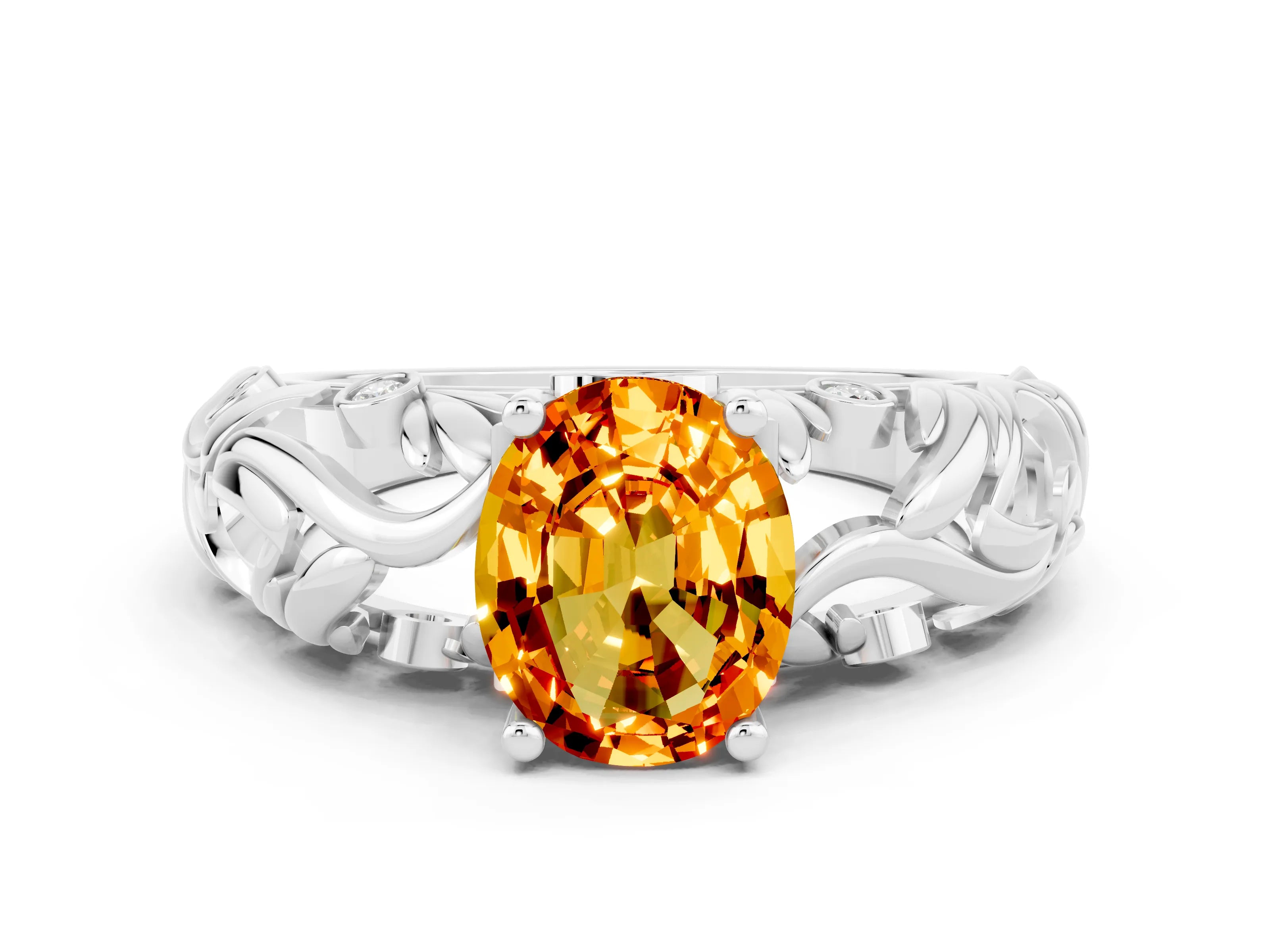 White gold Oval Cut Solitaire Citrine Leaf-Inspired Vine Band Ring with Prong Setting