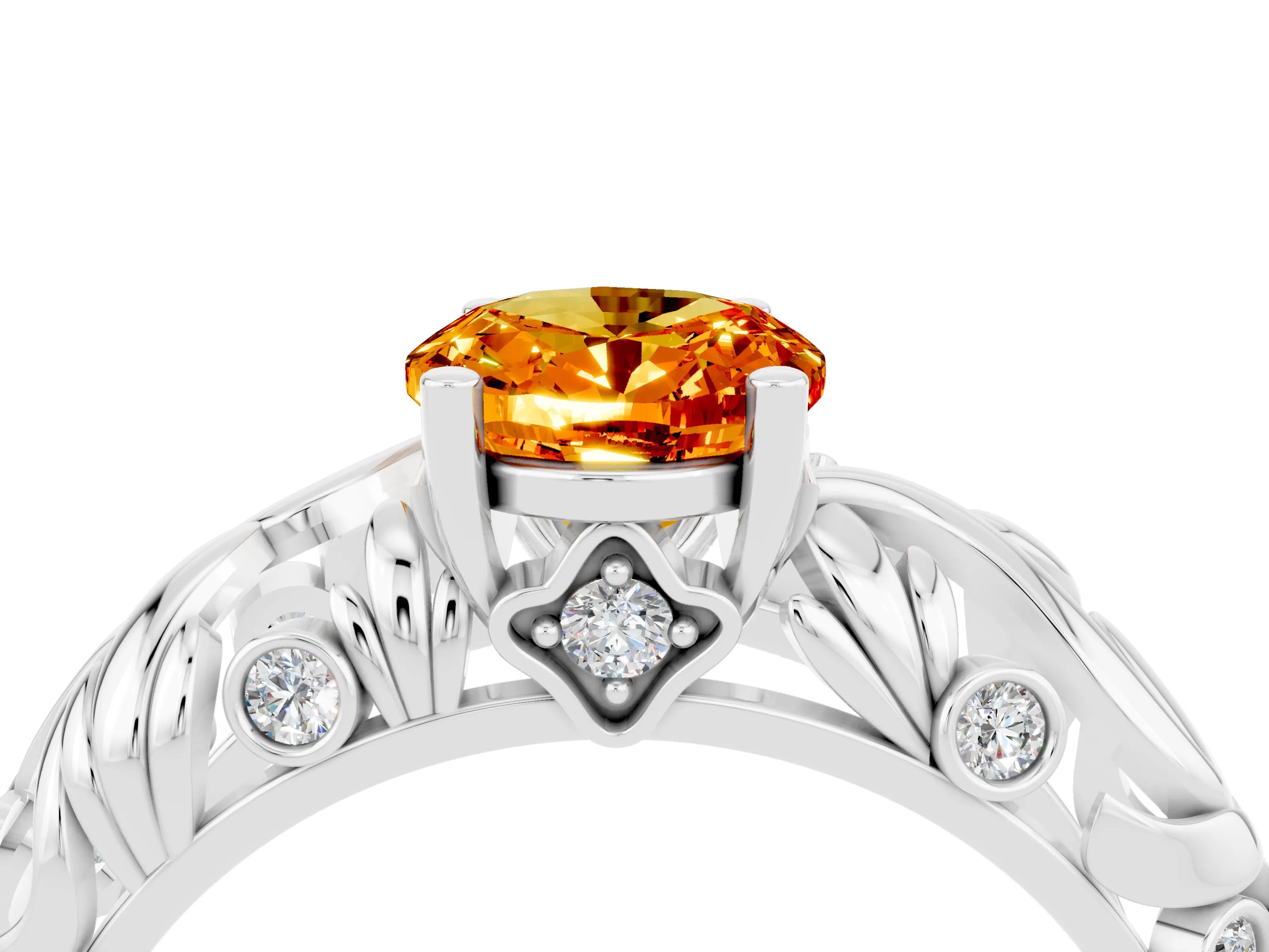 White gold Oval Cut Solitaire Citrine Leaf-Inspired Vine Band Ring with Prong Setting_4