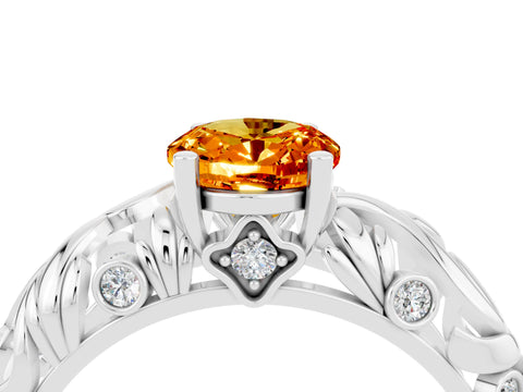 White gold Oval Cut Solitaire Citrine Leaf-Inspired Vine Band Ring with Prong Setting_4