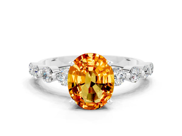 Platinum Oval Cut Solitaire Citrine Ring with Pave Band and Four-Prong Setting