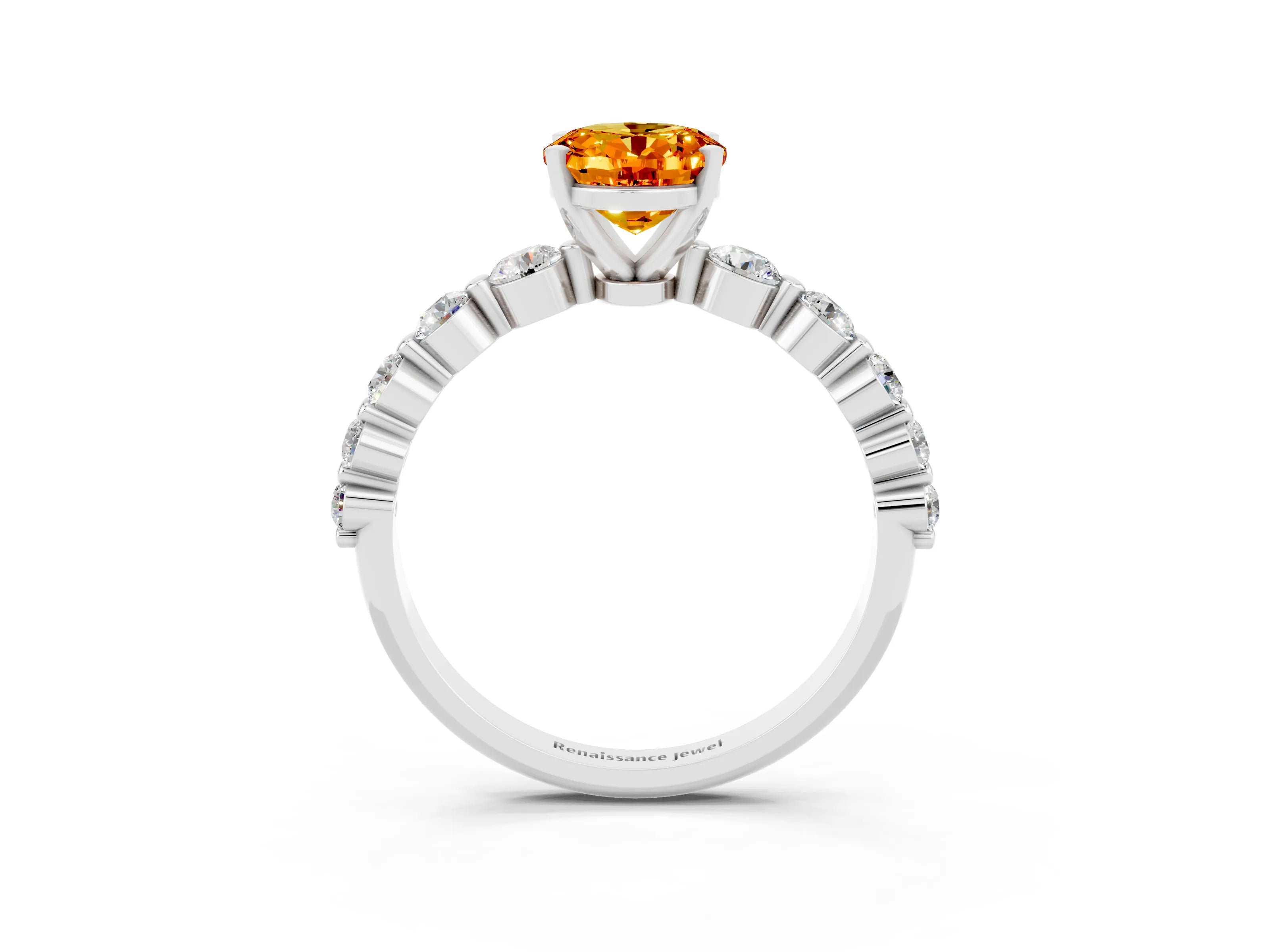 White gold Oval Cut Solitaire Citrine Ring with Pave Band and Four-Prong Setting_3