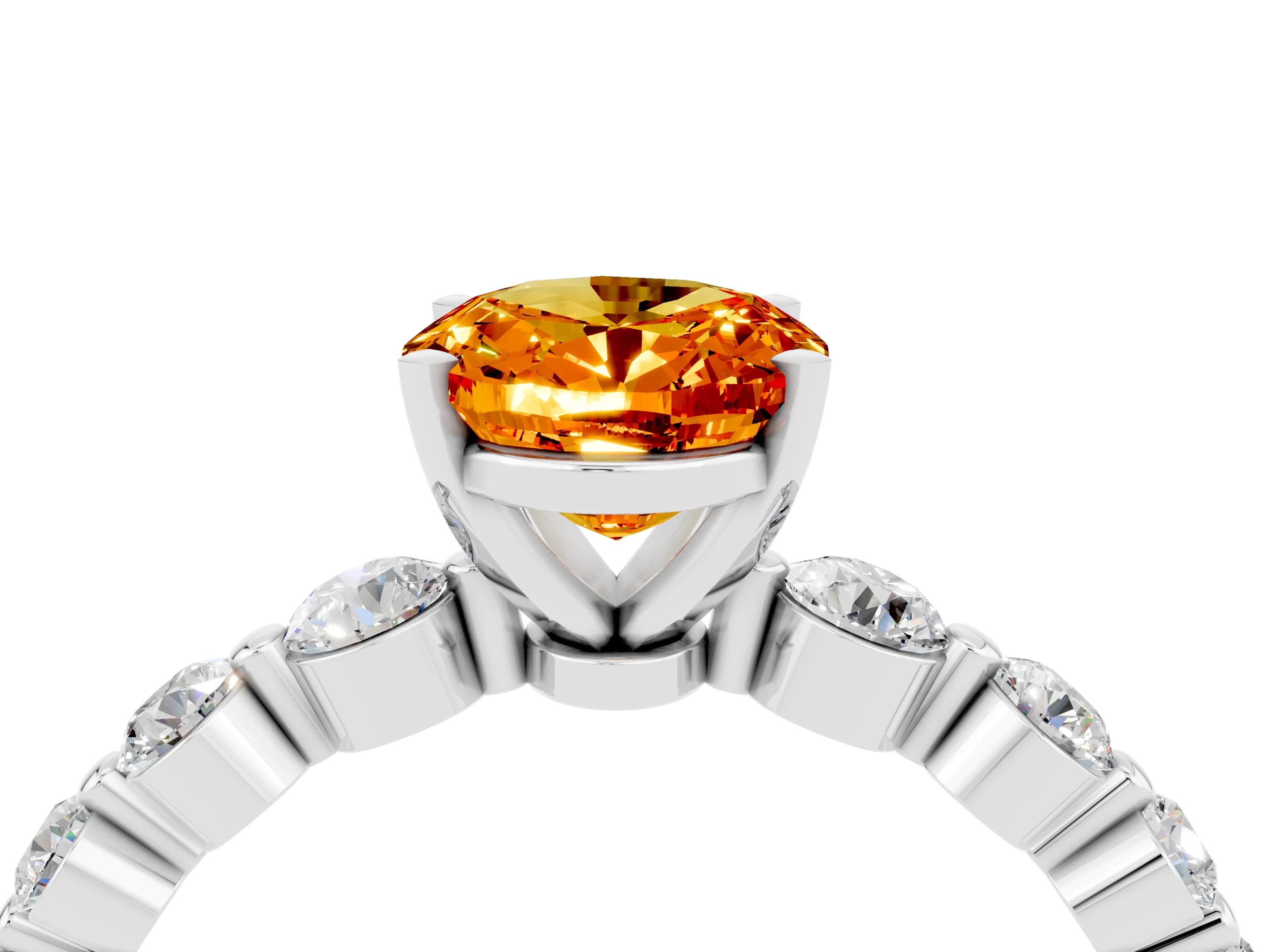White gold Oval Cut Solitaire Citrine Ring with Pave Band and Four-Prong Setting_4