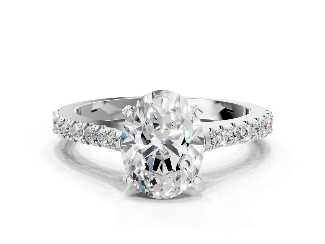 White gold Oval Cut Solitaire Diamond Engagement Ring with Pave Band and Four-Prong Setting_188