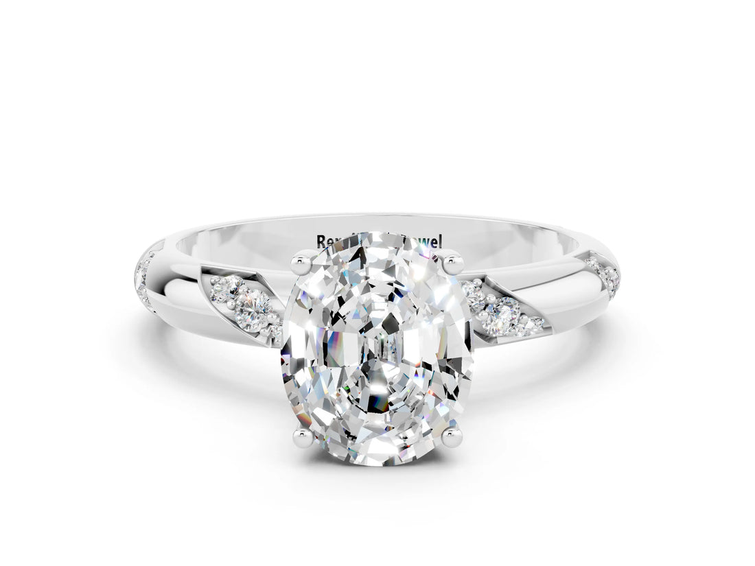 White gold Oval Cut Solitaire Diamond Engagement Ring with Twisted Pave Band and Four-Prong Setting