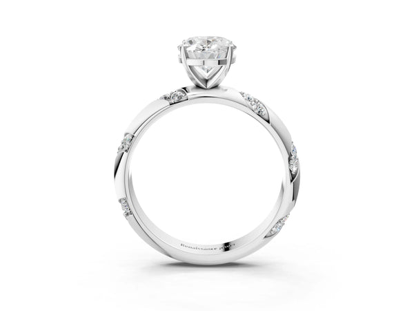 White gold Oval Cut Solitaire Diamond Engagement Ring with Twisted Pave Band and Four-Prong Setting