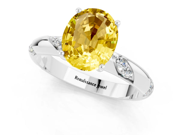 Platinum Oval Cut Yellow Sapphire Solitaire Engagement Ring with Twisted Round  Accent Band and Prong Setting
