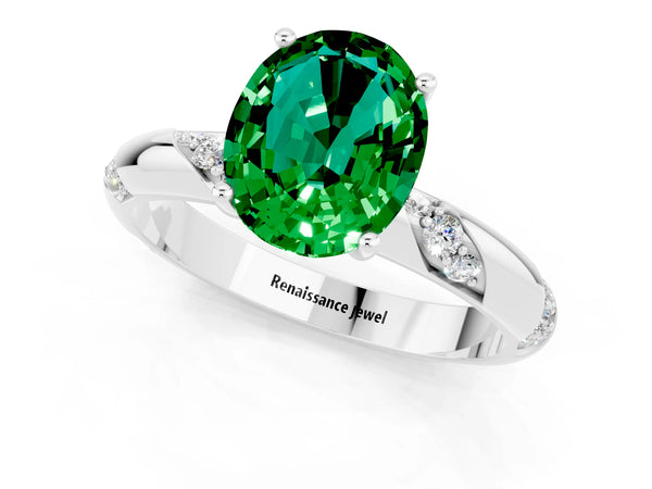 Platinum Oval Cut Emerald Solitaire Engagement Ring with Twisted Round  Accent Band and Prong Setting
