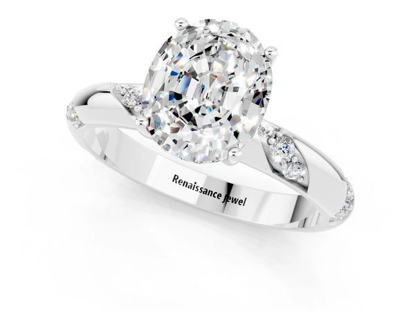 White gold Oval Cut Moissanite Solitaire Engagement Ring with Twisted Round  Accent Band and Prong Setting