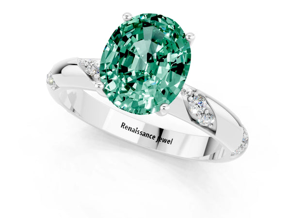 White gold Oval Cut Green Sapphire Solitaire Engagement Ring with Twisted Round  Accent Band and Prong Setting