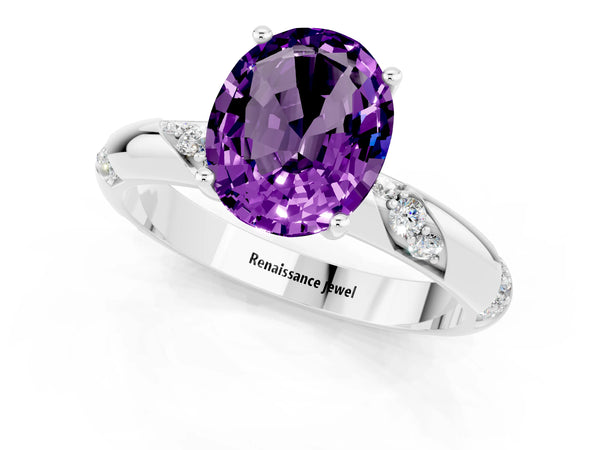 Silver Oval Cut Amethyst Solitaire Engagement Ring with Twisted Round  Accent Band and Prong Setting