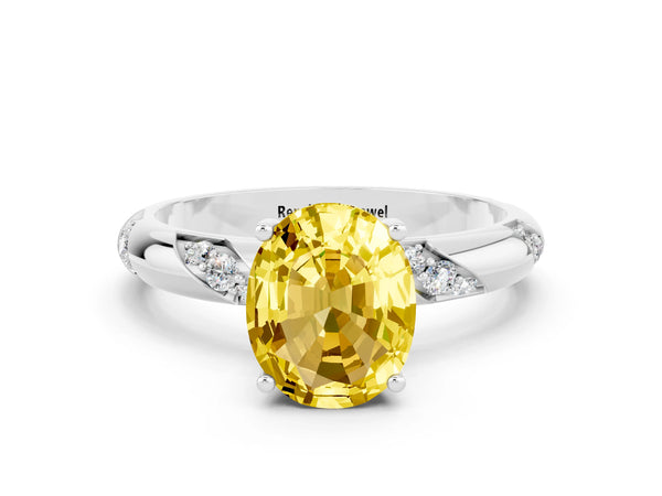 White gold Oval Cut Yellow Sapphire Solitaire Engagement Ring with Twisted Round  Accent Band and Prong Setting