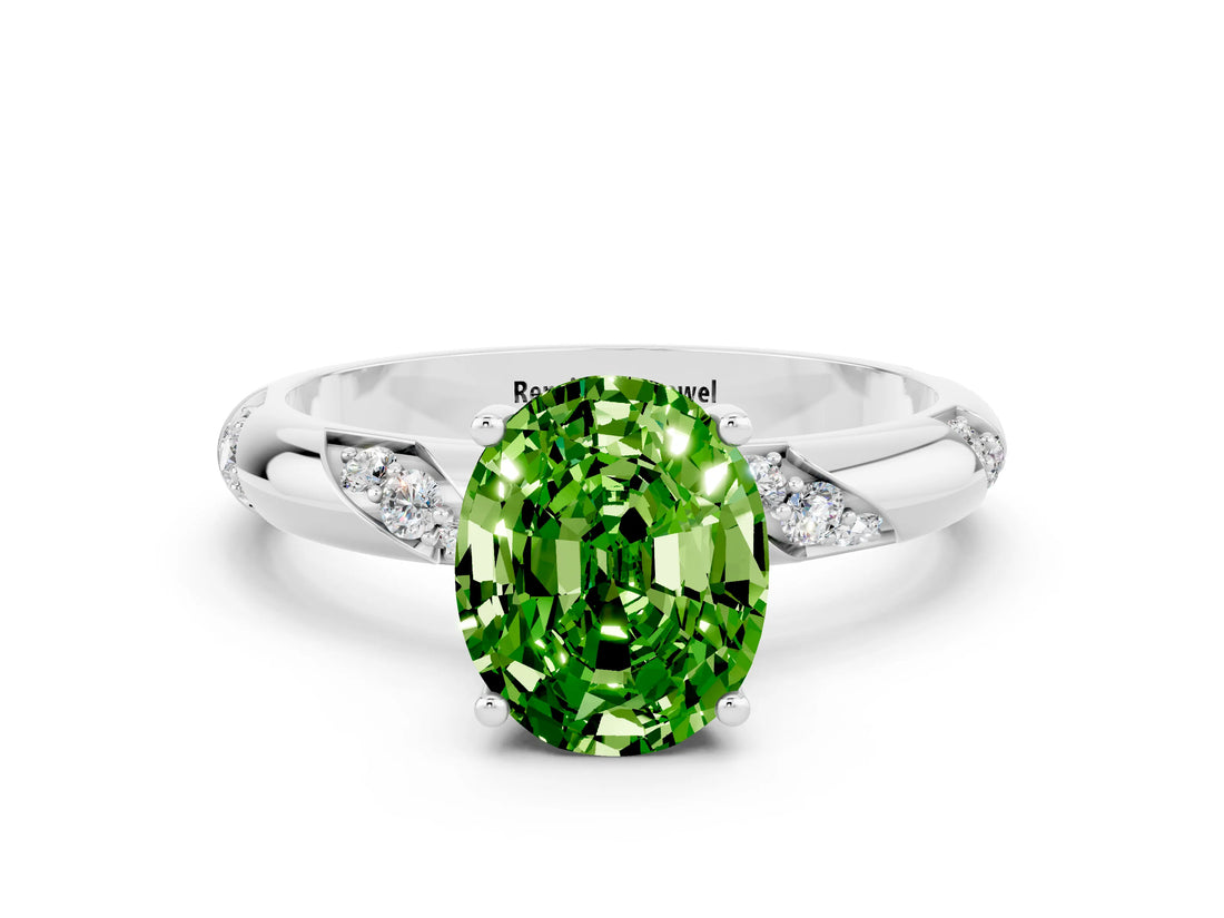 White gold Oval Cut Solitaire Diamond Engagement Ring with Twisted Pave Band and Four-Prong Setting