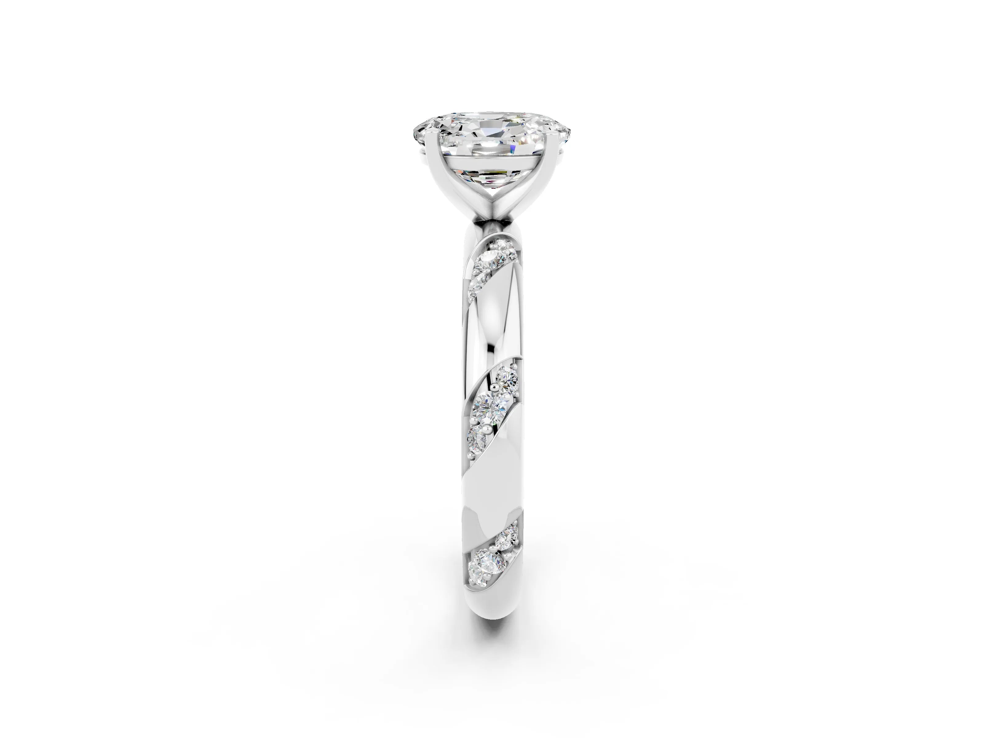 White gold Oval Cut Solitaire Diamond Engagement Ring with Twisted Pave Band and Four-Prong Setting_2
