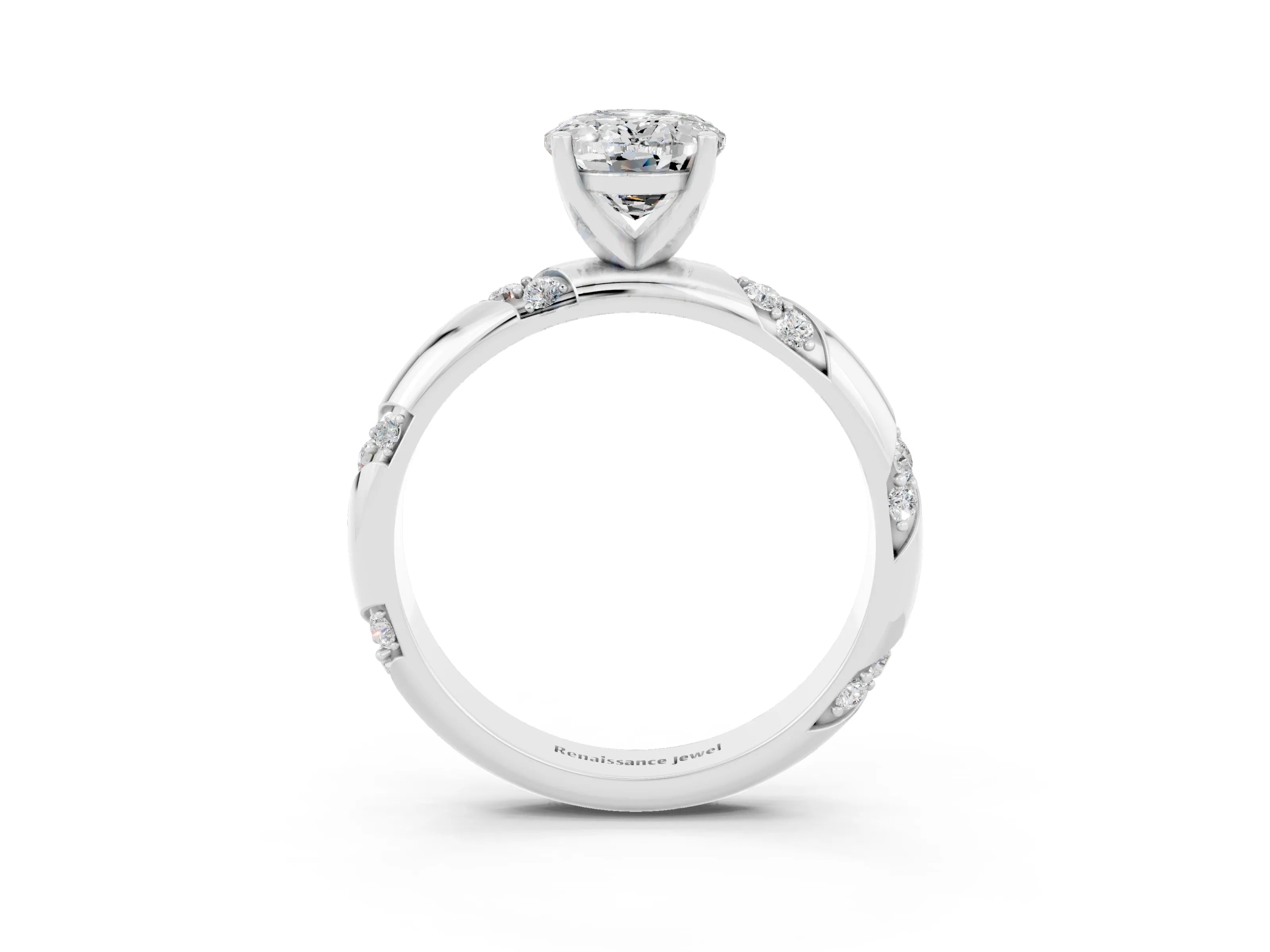 White gold Oval Cut Solitaire Diamond Engagement Ring with Twisted Pave Band and Four-Prong Setting_3