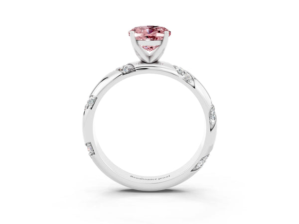 Silver Oval Cut Solitaire Diamond Engagement Ring with Twisted Pave Band and Four-Prong Setting