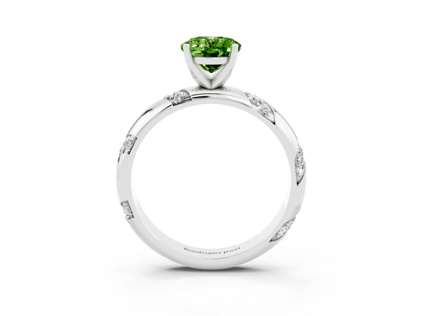 Silver Oval Cut Solitaire Diamond Engagement Ring with Twisted Pave Band and Four-Prong Setting