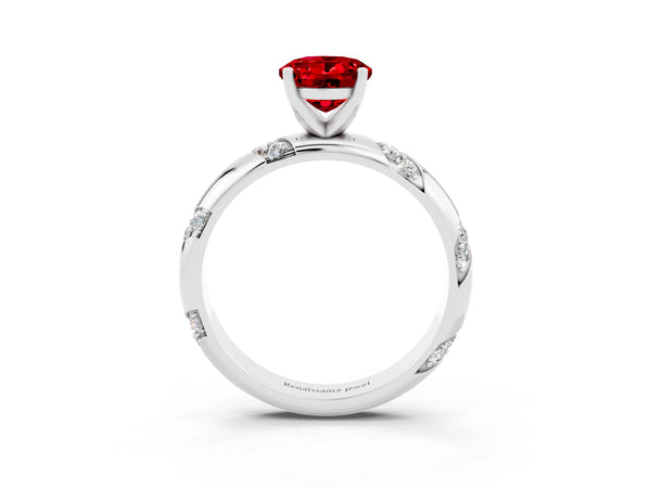 Silver Oval Cut Ruby Solitaire Engagement Ring with Twisted Round  Accent Band and Prong Setting