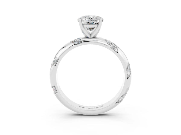 White gold Oval Cut Moissanite Solitaire Engagement Ring with Twisted Round  Accent Band and Prong Setting