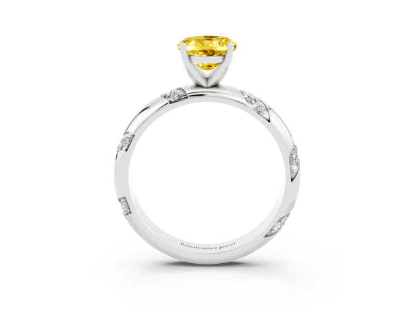 White gold Oval Cut Yellow Sapphire Solitaire Engagement Ring with Twisted Round  Accent Band and Prong Setting