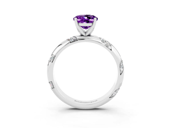 Platinum Oval Cut Amethyst Solitaire Engagement Ring with Twisted Round  Accent Band and Prong Setting