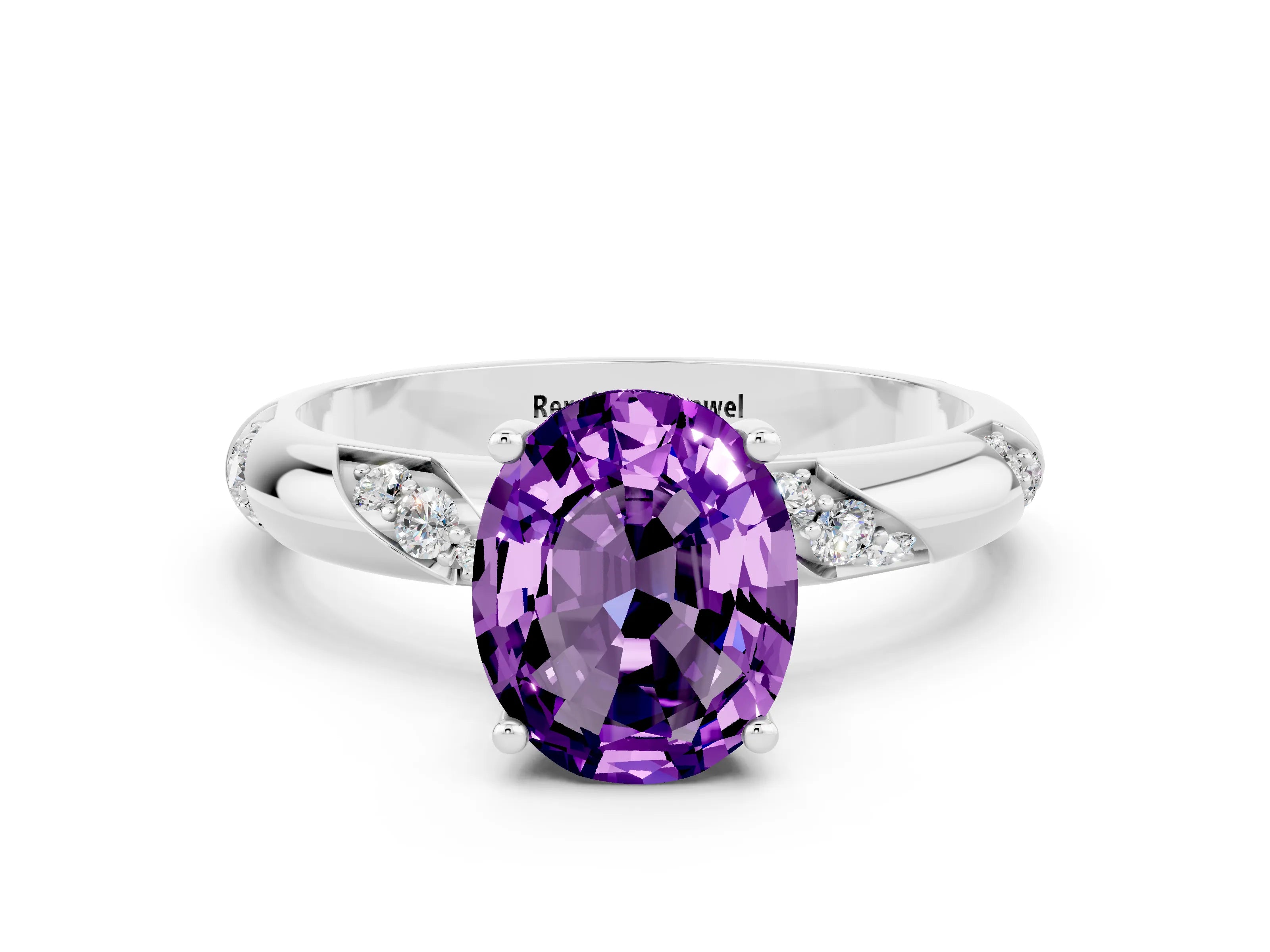 White gold Oval Cut Solitaire Diamond Engagement Ring with Twisted Pave Band and Four-Prong Setting