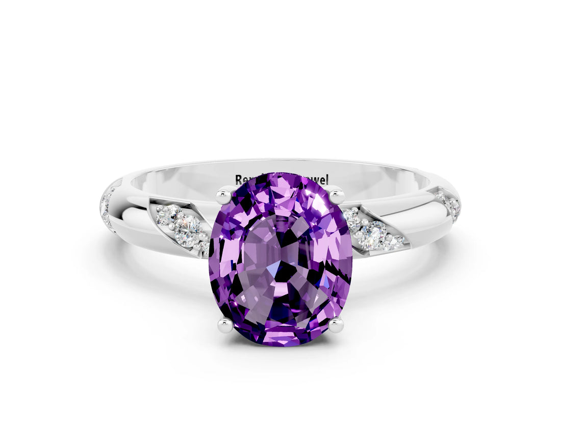 White gold Oval Cut Solitaire Diamond Engagement Ring with Twisted Pave Band and Four-Prong Setting