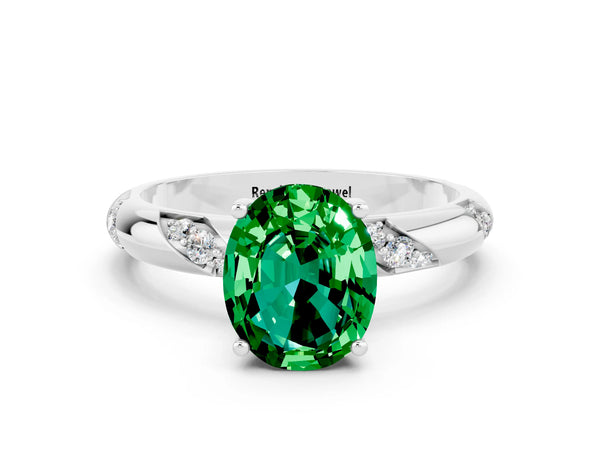 Silver Oval Cut Emerald Solitaire Engagement Ring with Twisted Round  Accent Band and Prong Setting