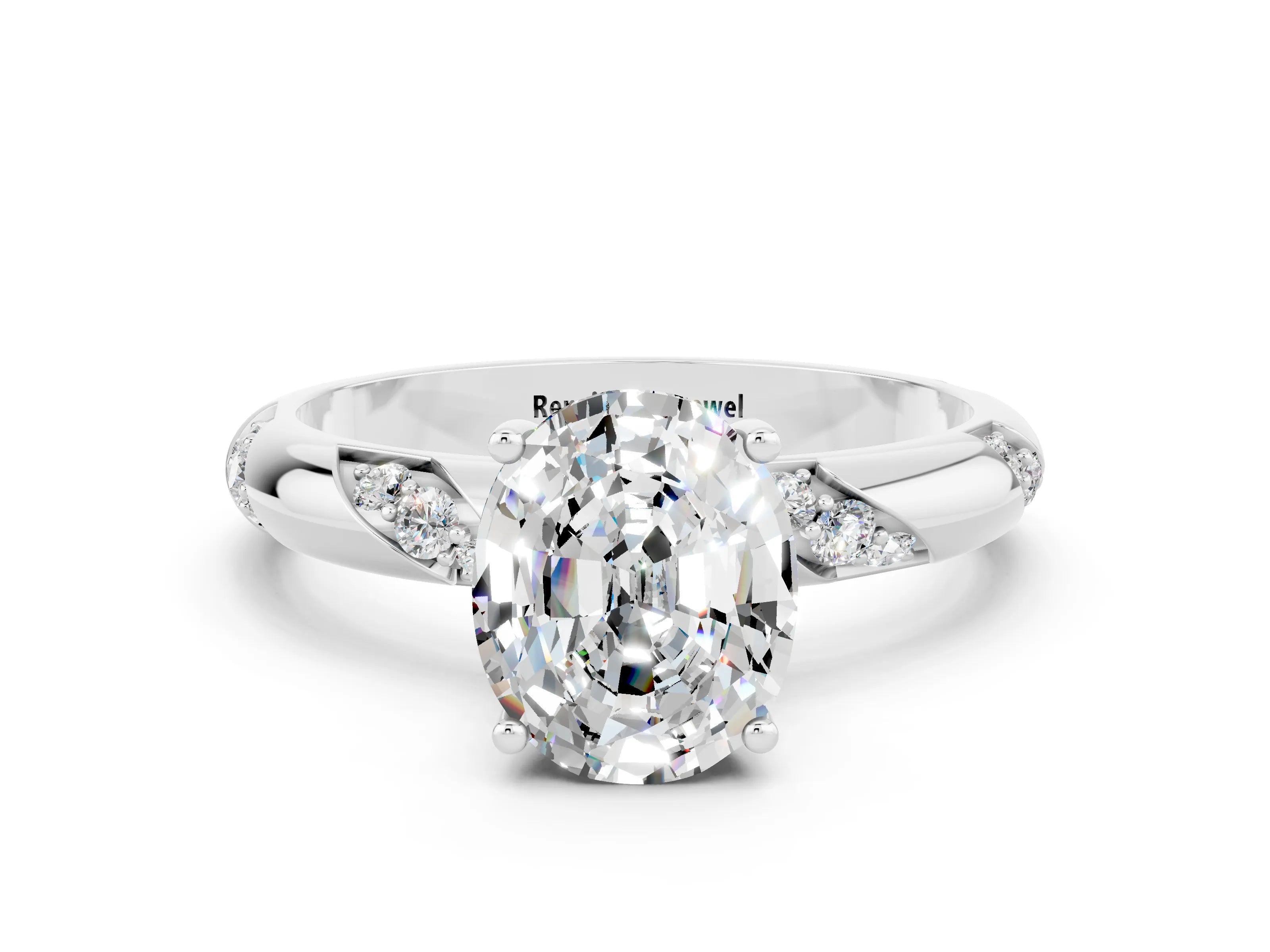 White gold Oval Cut Solitaire Diamond Engagement Ring with Twisted Pave Band and Four-Prong Setting