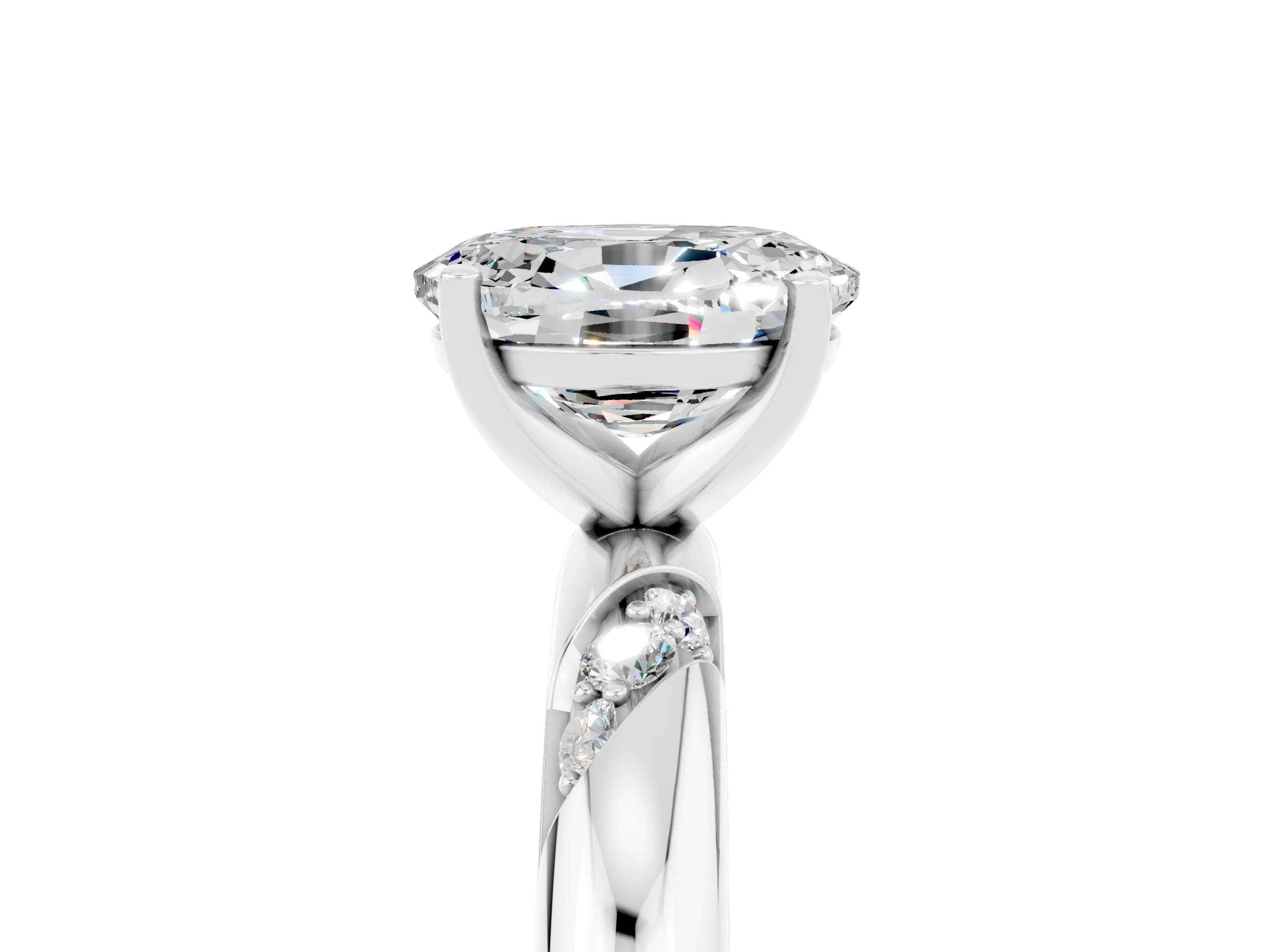 White gold Oval Cut Solitaire Diamond Engagement Ring with Twisted Pave Band and Four-Prong Setting_5