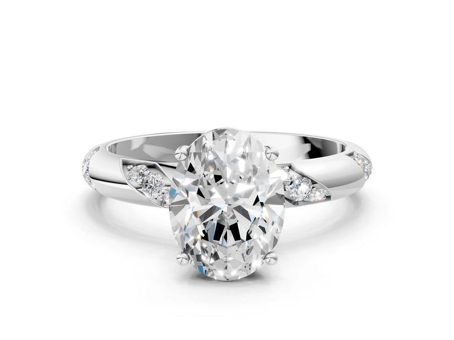 White gold Oval Cut Solitaire Diamond Engagement Ring with Twisted Pave Band and Four-Prong Setting