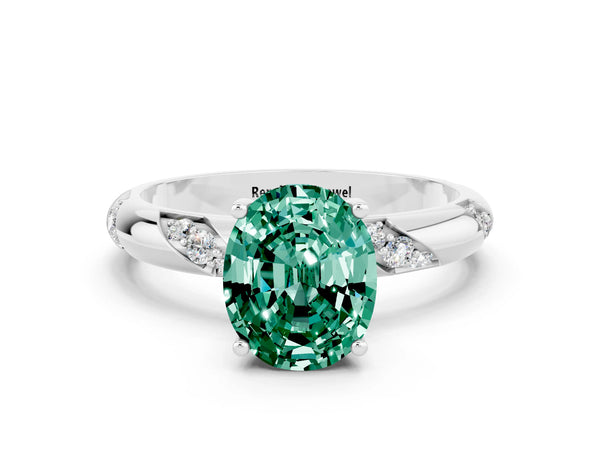 White gold Oval Cut Green Sapphire Solitaire Engagement Ring with Twisted Round  Accent Band and Prong Setting