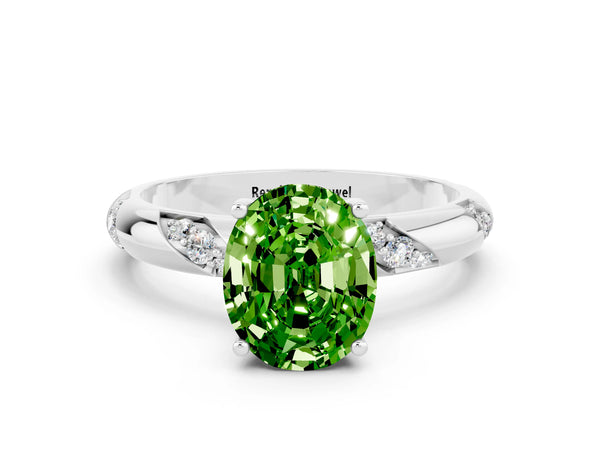 Platinum Oval Cut Solitaire Diamond Engagement Ring with Twisted Pave Band and Four-Prong Setting
