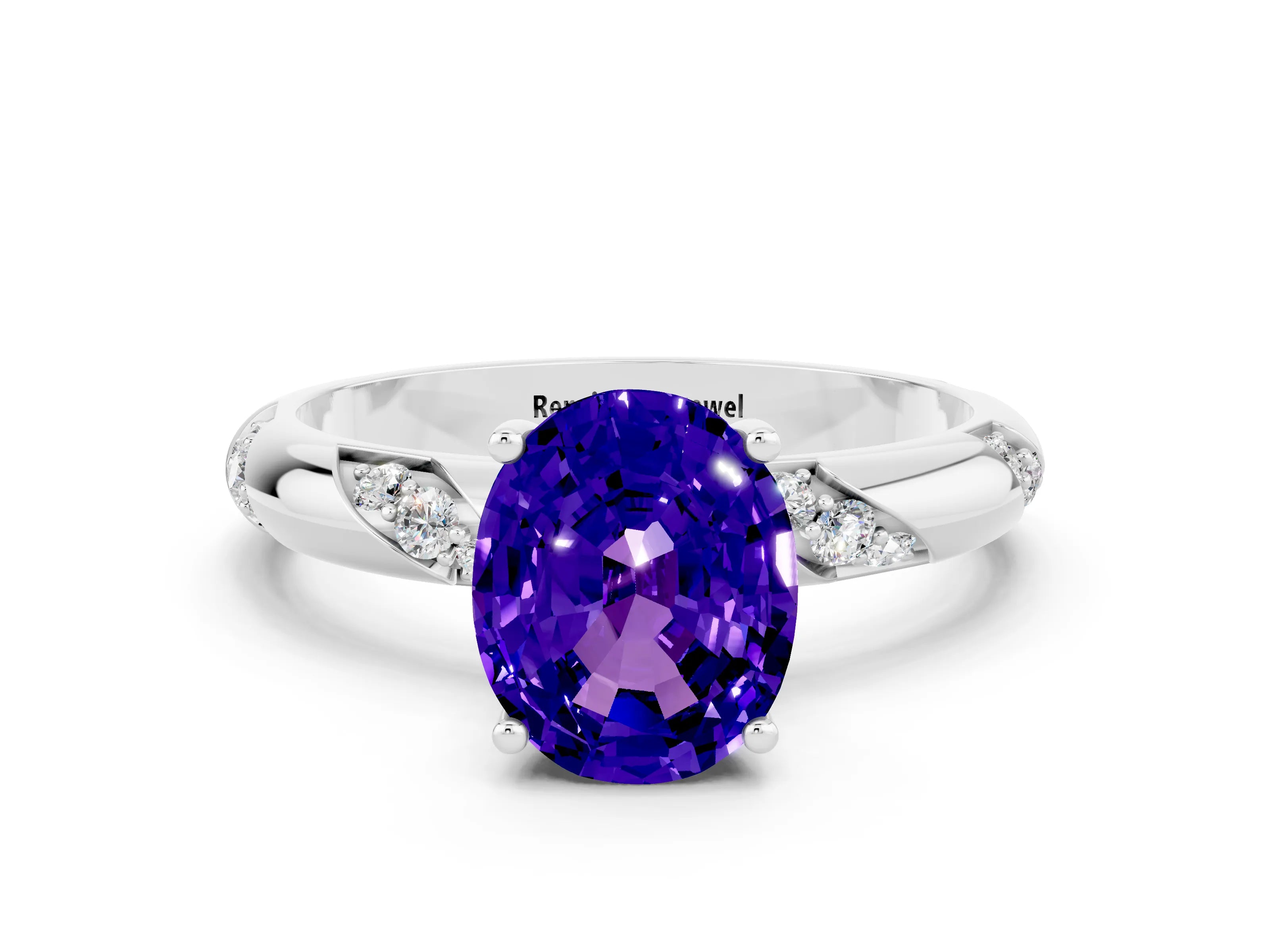 White gold Oval Cut Solitaire Diamond Engagement Ring with Twisted Pave Band and Four-Prong Setting